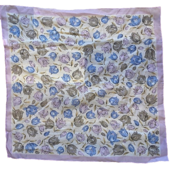 𝅺VINTAGE Scarf Purple Grey Blue Flowers Floral Print ~26” square retro sheer - Picture 1 of 5